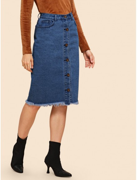 Raw Hem Button Up Denim Skirt