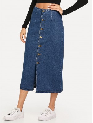 Slit Front Button Up Denim Skirt