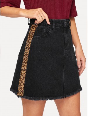 Leopard Panel Raw Hem Denim Skirt