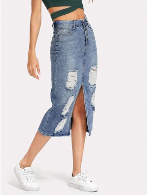 Split Front Ripped Denim Skirt