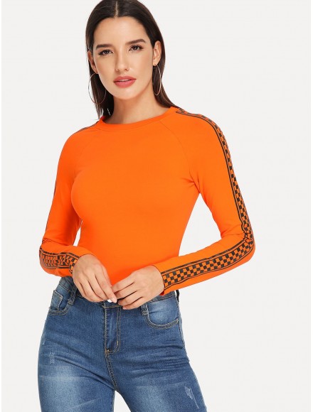 Neon Orange Check Print Raglan Sleeve Fitted T-shirt