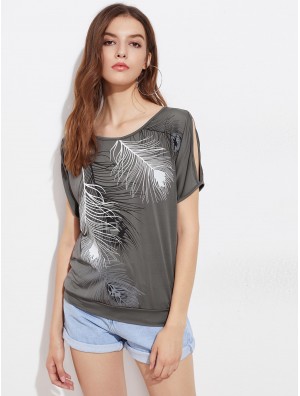 Feather Print Split Shoulder Tee