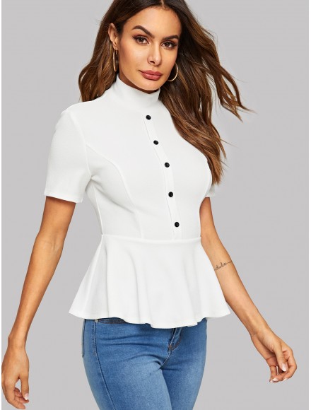 Button Front Mock-neck Peplum Top