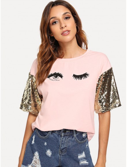 Sequin Sleeve Wink Eyes Print Tee