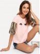 Sequin Sleeve Wink Eyes Print Tee