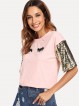 Sequin Sleeve Wink Eyes Print Tee