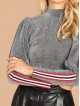 Leg-of-mutton Sleeve Stripe Tape Mock-neck Tee