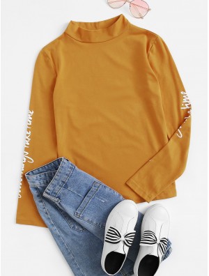 Mock Neck Slogan Print Sleeve Top