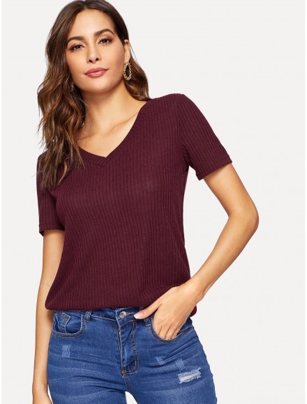 V-neck Ribbed Knit Tee