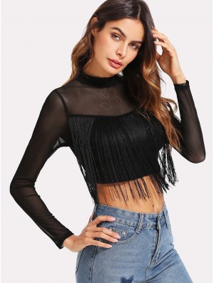 Fringe Detail Mesh Crop Top