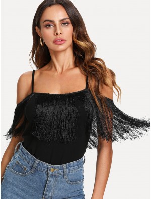 Open Shoulder Fringe Embellished Tee