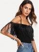 Open Shoulder Fringe Embellished Tee