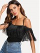 Open Shoulder Fringe Embellished Tee