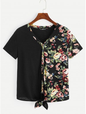 Floral Print Button Up Knot Hem Tee