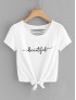 Letter Print Knot Front Ladder Cut Out Tee