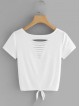 Letter Print Knot Front Ladder Cut Out Tee