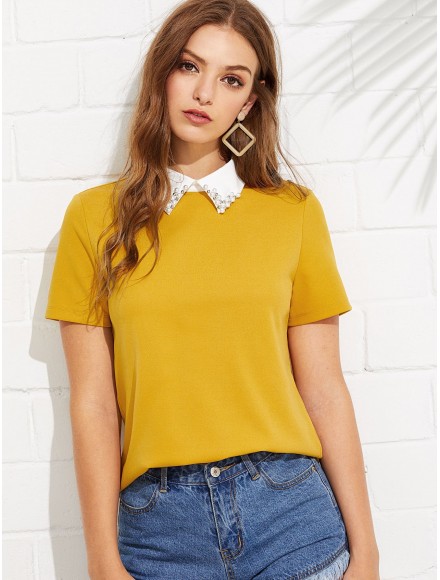 Pearl Embellished Contrast Collar Tee