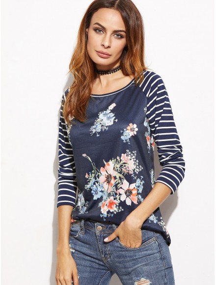 Raglan Sleeve Striped Floral Print T-shirt