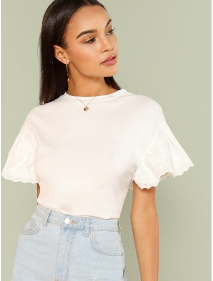 Eyelet Embroidered Trim Ruffle Sleeve Tee