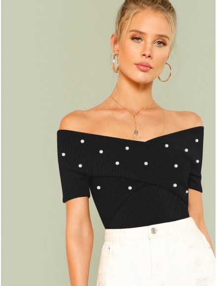 Off Shoulder Pearl Beaded Cross Wrap Tee