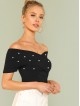 Off Shoulder Pearl Beaded Cross Wrap Tee