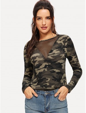 Mesh Insert Camo Print Tee