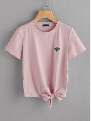 Cactus Embroidered Knot Side Tee