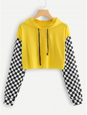 Gingham Panel Drawstring Hooded Tee