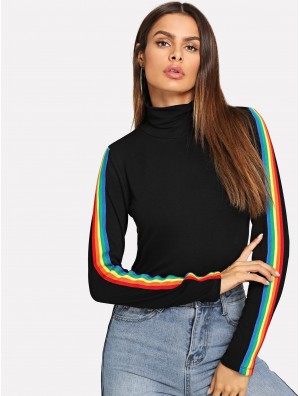 High Neck Rainbow Striped Sleeve T-shirt