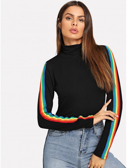 High Neck Rainbow Striped Sleeve T-shirt