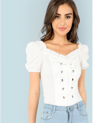 Frill Trim Lace Up Top