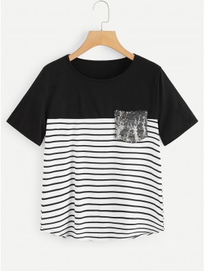 Contrast Sequin Striped Tee