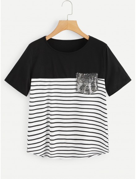 Contrast Sequin Striped Tee