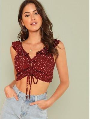 Drawstring Front Crop Top With Ruffle Strap