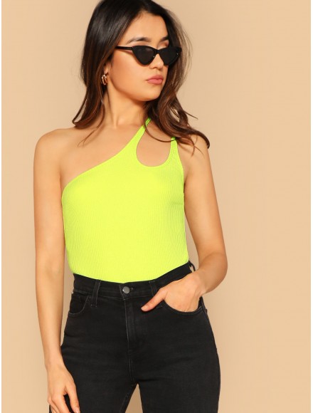 One Shoulder Ribbed Knit Neon Yellow Top