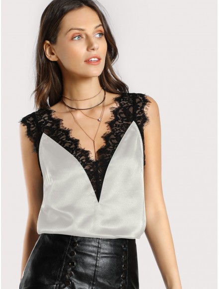 Lace Trim Double V Neck Satin Top