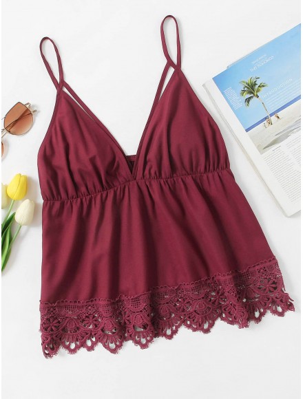 Scallop Lace Trim Strappy Plunge Cami Top