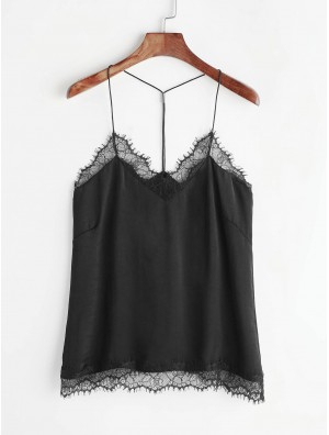 Black Contrast Eyelash Lace Halter Top