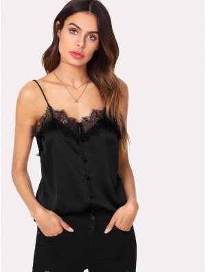 Eyelash Lace Trim Button Up Cami Top