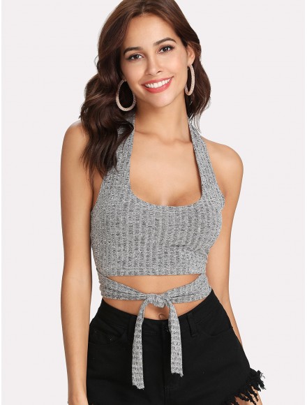 Tie Front Ribbed Halter Top