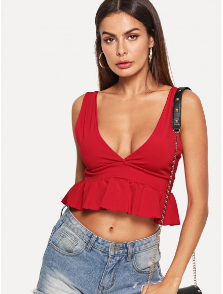 V Neckline Ruffle Hem Top