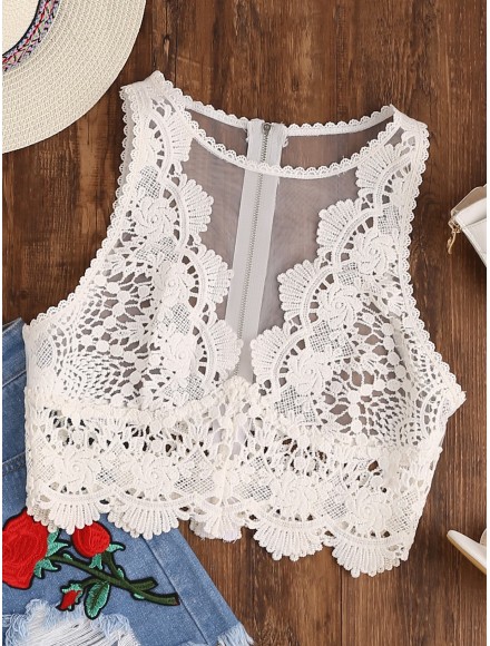 Scallop Lace Applique Exposed Zip Tulle Tank Top