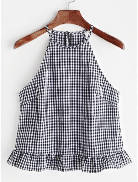 Gingham Buttoned Keyhole Back Frill Halter Top