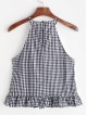 Gingham Buttoned Keyhole Back Frill Halter Top