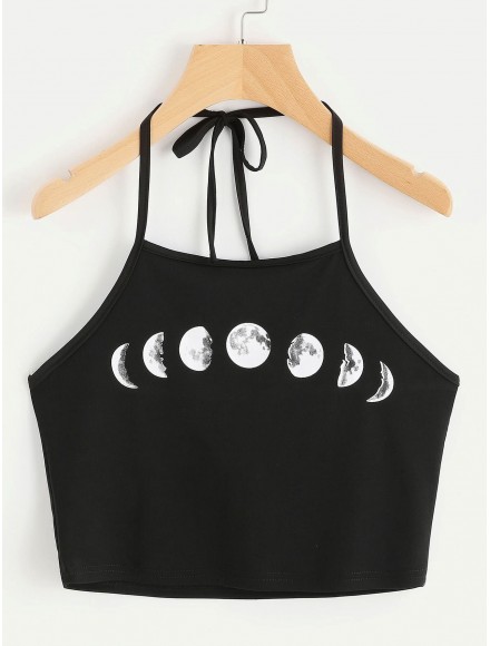 Halter Neck Moon Phases Print Cami Top