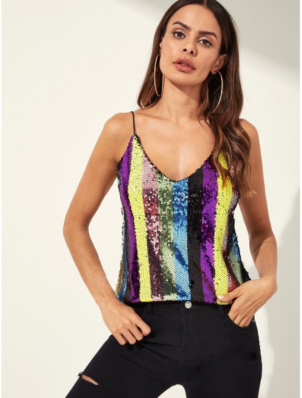 Metallic Sequin Dual V Neck Cami Top