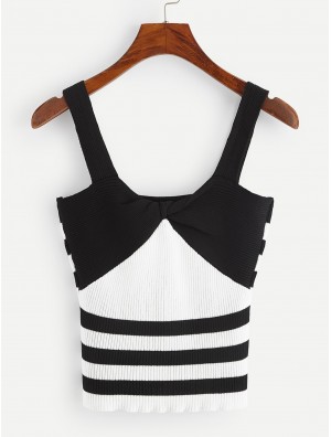 Twist Front Two Tone Rib-knit Top