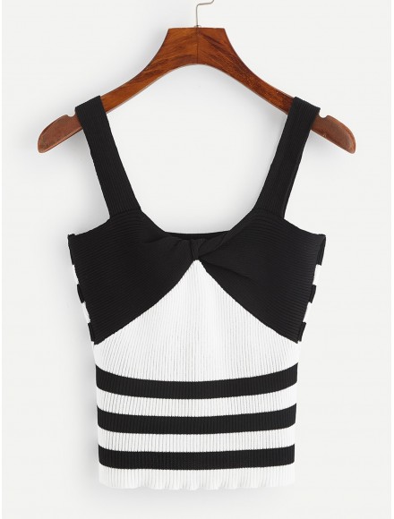 Twist Front Two Tone Rib-knit Top