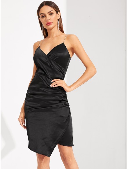 Ruched Surplice Wrap Dress With Chain Strap