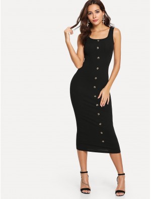 Button Front Rib Knit Pencil Dress